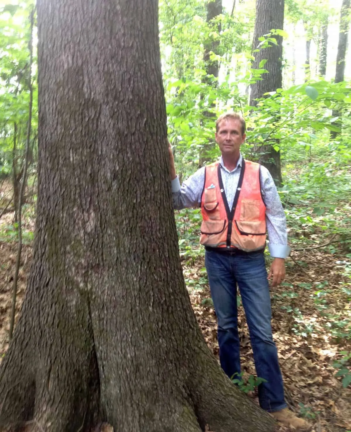 Greg Hooper standing beside a large tree in the woods